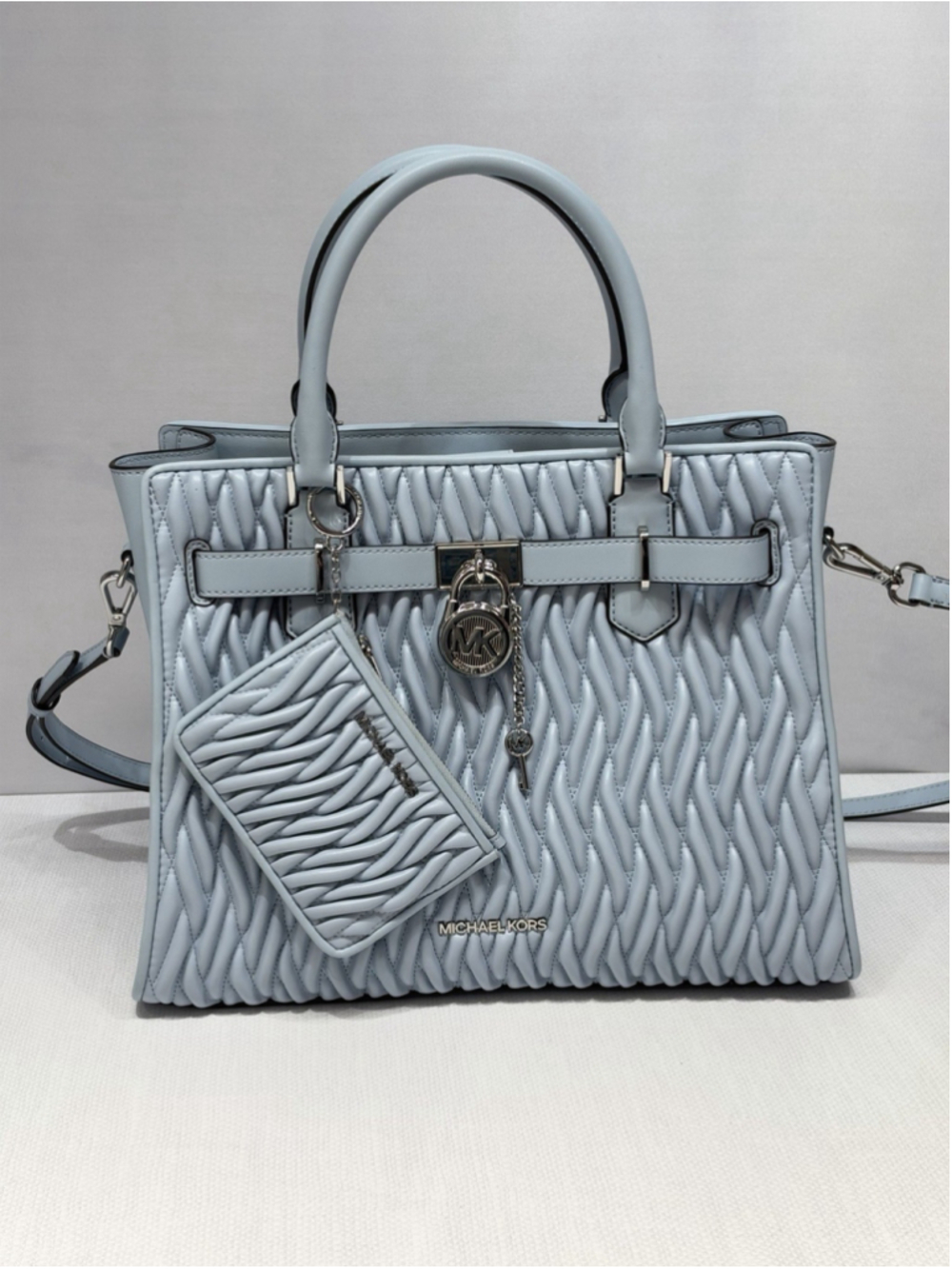 Michael Kors Medium Hamilton Matelasse Leather Satchel & Coin Purse Pale Ocean